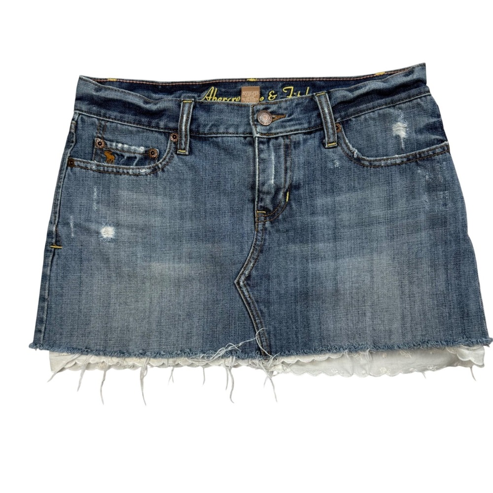 VTG Abercrombie & Fitch‎ Denim Mini Skirt Sz 0 Distressed Lace Trim Y2K Micro